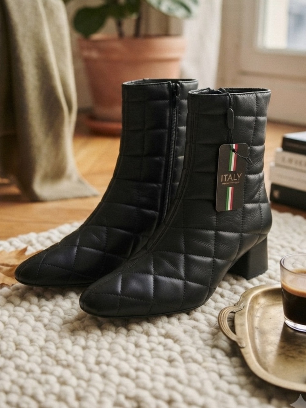 Made In Italy Black Quilted Leather Ankle Boots Square Toe Block Heel Size 39 - Picture 16 of 16